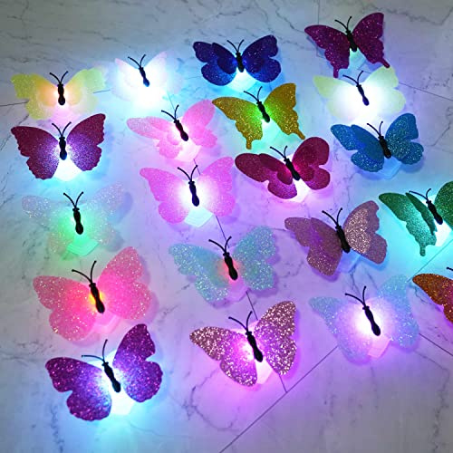 Cynzia 3D LED Butterfly Night Lights, 40Pcs Single and Double Butterfly Decoration Light, Glowing Flash Wall Stickers Light for Bedroom, Garden, Backyard, Party, Lawn, Living Room Decor