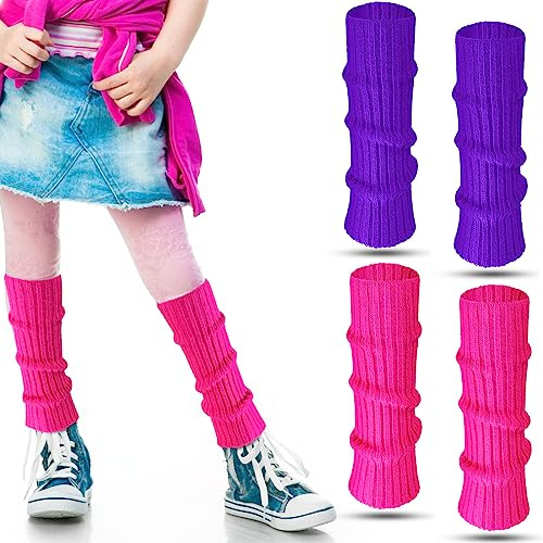 Loopeer 2 Pairs 80s Neon Leg Warmers for Girls Toddler Knit Ribbed Leg Socks for 1980s Party Cosplay Costume Accessory(11.02 x 2.76 In,Rose Red, Purple)