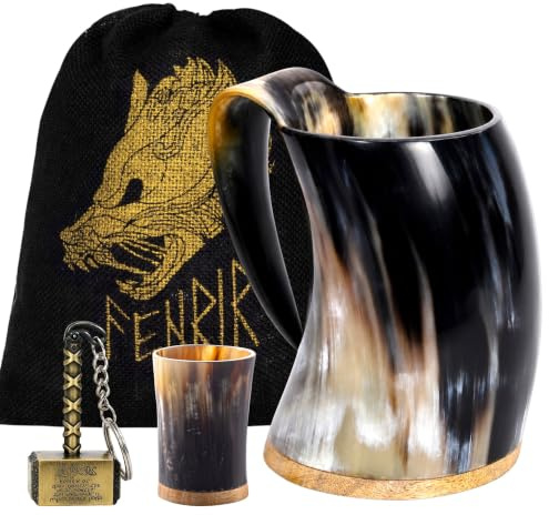 FENRIR Taza de cuerno vikingo de alta calidad de grado alimenticio con vidrio corto y abridor de botellas para cerveza Ale Beer Cold Drink (473 ml, 16 onzas)
