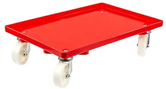 Transportroller für Euroboxen 60x40cm mit Kunststoffräder rot | Geschlossenes Deck | 2 Lenkrollen & 2 Bremsrollen | Traglast 300kg | Kistenroller Logistikroller Rollwagen Profi-Fahrgestell