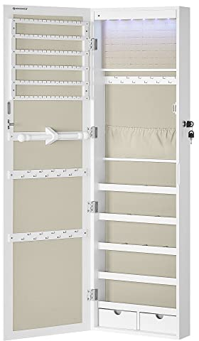 SONGMICS Specchio Portagioie con 6 Luci a LED, Alto 120 cm, Armadietto Portagioie da Parete o Porta con Chiusura e Specchio, 2 Cassetti, 10 x 37 x 120 cm, Natale, Bianco e Cappuccino Beige JJC093W01