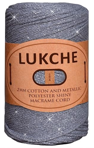 Lukche 2mm Cotton Sparkle Macrame Cord 224 Yards, 8.80 Oz, Colorful Crochet Macrame Cord for Wall Hangings, Bags, Plant Holders, Carpets, Polypropylene Supplies (Silver Smoked)