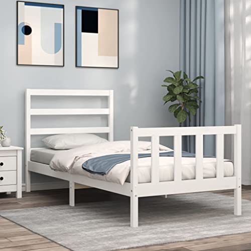Tidyard Bettgestell mit Kopfteil Holzbett Bettgestell mit Lattenrost Bettrahmen Jugendbett Doppelbett/Einzelbett Holzbetten Seniorenbett Gästebett Bett Holz Weiß 90x190 cm Massivholz