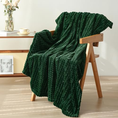 Puncuntex Green Throw Blanket 50×60 Decorations Fleece Super Soft Plush Fuzzy Cozy Blanket with Square 3D Jacquard Grid Design Luxury Lightweight for Couch Sofa Chair,Dark Forest Green