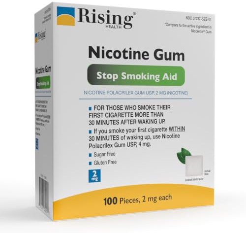 Rising Health - Nicotine Polacrilex Coated Gum 2 mg (Nicotine), Coated Mint Flavor, Stop Smoking Aid; Quit Smoking with Nicotine Gum, 100 Count (2mg)