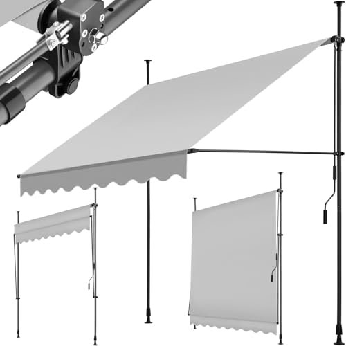 tectake Garden Patio Retractable Awning, Manual with Hand crank, Sun shade Canopy with UV and Rain Resistance, Clamp System with No Drilling Required - light grey