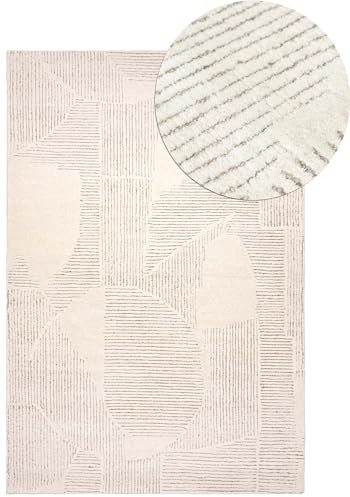 Mazovia Wollteppich - Natürliches Material Japandi, Handwebteppich Robust & Naturprodukt, für Wohnzimmer, Schlafzimmer, Esszimmer - Creme Beige - 120 x 170 cm