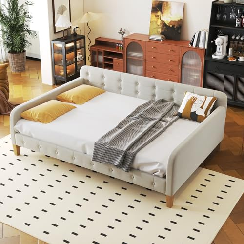ACQCA Full Size Daybed, Upholstered Button Tufted Sofa Bed with Wood Slat Support, No Box Spring Needed,for Living Room Dormitory Apartment,White