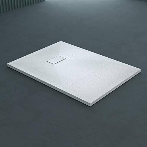 doporro Piatto Doccia Rettangolare 90x120 cm Marmoresina Bianco, Spessore 4 cm, Scarico Centrale con Piletta, Superficie Antiscivolo Effetto Pietra Geoma06