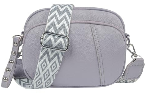 Jangostor Crossbody Bag Damen Breiter Gurt Leder Umhängetasche Damen Handtasche Damen Crossbody mit 3 Reißverschlussfächern und 2 Abnehmbar Schultergurt Hellgrau Kleine Umhängetasche für Damen