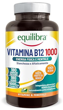 Equilibra, Vitamina B12, Alto Dosaggio 1000 mcg per dose, 180 Compresse Masticabili, Vegan, Gusto Frutti di Bosco, Riduzione di Stanchezza e Affaticamento, Normale Metabolismo Energetico