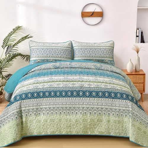 Wongs Bedding - Juego de edredón boho, tamaño queen, aguamarina, conjunto de ropa de cama de 3 piezas, a rayas, bohemio, suave, ligero, microfibra, para todas las estaciones (243 x 228 cm)