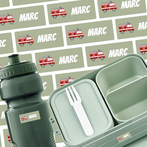 Namensaufkleber für Flasche & Brotdose (125 Sticker) – Aufkleber mit Name und Feuerwehr für Brotdosen oder Flaschen – Ideal für Schule und Kindergarten – Wasserfest, Spülmaschinenfest, 30 x 13 mm