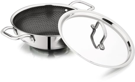 Vinod Platinum SAS Pro Triply Stainless Steel Extra Deep Kadai with Lid, 4.8L, 28cm | Hybrid Non-Stick Hexa Wok | Induction Compatible | Sturdy Handles | Deep Frying & Curry Pan - Silver