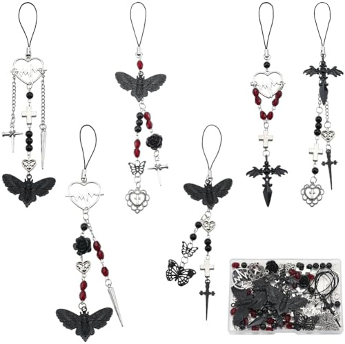 SUNNYCLUE 1 Box mit 6 Armbändern für Handy-Charms, Halloween, Skelett, Motte, Schmetterling, Kreuz, Frauen- und Erwachsenen-Anhänger