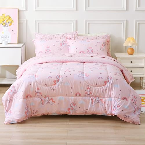 Viviland Kids Twin Bedding Sets for Girls, Soft Twin Comforter Set with Sheets, 5 Pieces Microfiber Bed in a Bag, Pink Unicorn