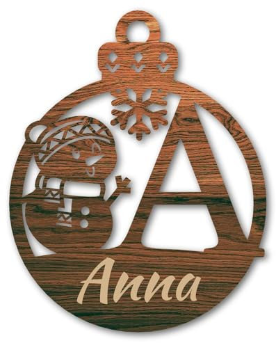 Urhome Weihnachtskugel personalisiert mit Wunschtext Gravur Buchstabe A mit Schneeman Motiv Dunkel Braun - Ornament Christbaumschmuck Weihnachtsdeko Weihnachtsbaum Anhänger aus 6,5mm Holz