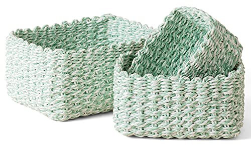 La Jolíe Muse Woven Wicker Storage Baskets, Paper Rope Storage Boxes Bin Organizer Divider for Cupboards Drawer Closet Shelf Dresser, Set of 3 (Green and White)