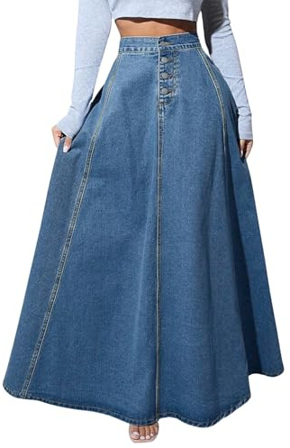 ebossy Damen Retro-Jeansrock mit hoher Taille, Knopfleiste, fließendes Plissee, Swing A-Linie Denim Maxi-Röcke