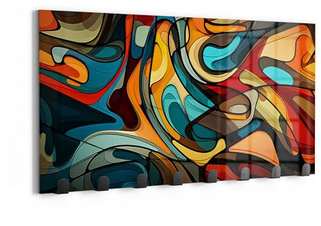 DEQOART Wandgarderobe Glas & Metall | Motiv Wirbelnde Gedanken | 60x30 cm | Design Haken-Leiste modern | Garderoben-Paneel für Flur, Wohnzimmer & Schlafzimmer | magnetisch & beschreibbar