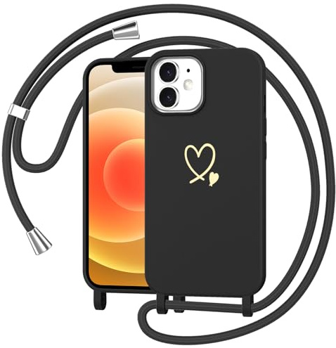 Woijrly Handyband Handyhülle für iPhone 12/iPhone 12 Pro Hülle mit Band, Dünn TPU Silikon Herz Motiv Necklace Case mit Kordel zum Umhängen Abnehmbar Stoßfest Schutzhülle für iPhone 12, Schwarz