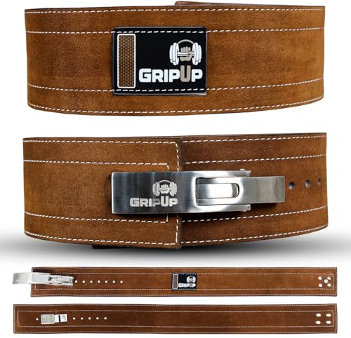 GripUp Gewichthebergürtel mit Lever Buckle – Professioneller Kraftsport Gürtel für schweres Heben, Powerlifting, Bodybuilding und intensives Gym Training (Braun, M)