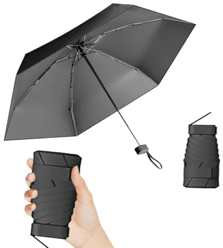 Thryviel Mini Paraguas Plegable, Paraguas Pequeño, Protección Solar UPF 50+ y UV, Sombrilla de Mano Ultra Ligera y Antiviento para Sol y Lluvia, Paraguas de Viaje Compacto (#02 Negro)