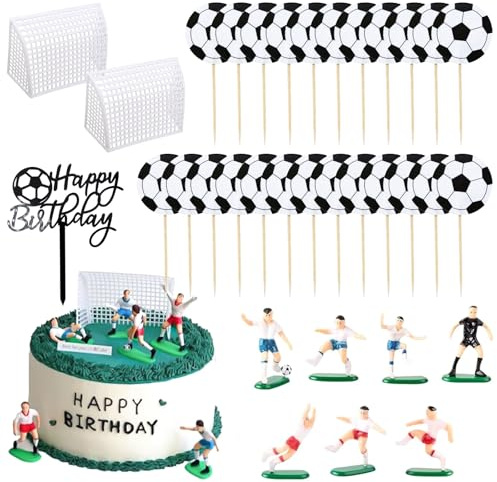 Xsybegdlk Tortendeko Fussball, 33 Stück Tortenaufleger Fussball Deko, Fußball Tortendeko Set, Fussball Figuren Kuchen Deko für Junge Geburtstag Fußball Party Cupcake Toppers Deko