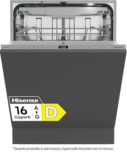 Hisense HV673D64 Lavastoviglie da Incasso, 16 Coperti, 9,5 litri, 3 Cesti Flessibili, WiFi, Apertura Automatica, 7 Programmi, Lavaggio Rapido 15 Min, Controllo Touch, 44 dB, Classe D