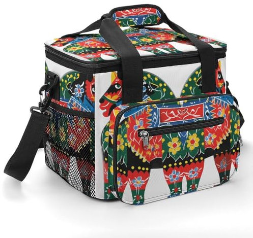 Grande capacità Oxford Cloth Runner svedese Dala Horse Folk stampato Camping Ice Bag, isolamento portatile all'aperto e borsa di conservazione del freddo, godetevi un fresco tempo di campeggio