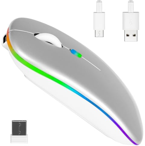 Mouse Bluetooth Dual Mode BT 5.1 + 2.4GHz Wireless Silent Mouse con adattatore USB C Silent Click LED Pulsante Mute ricaricabile 3 DPI regolabili per Macbook Pro/Air/Mac/iPad/Chromebook/Computer
