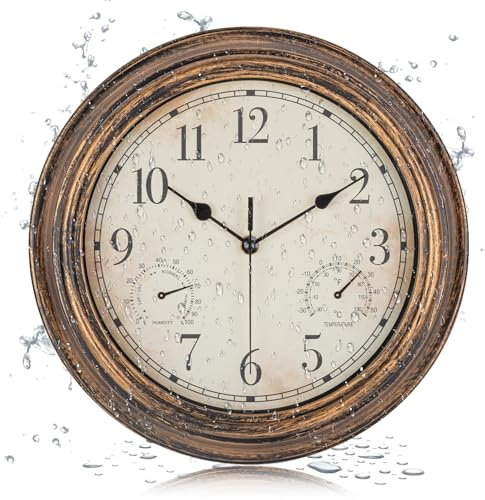 LENAUQ Outdoor Garten Wanduhr, wasserdichte Vintage Wanduhr mit Thermometer und Luftfeuchtigkeit, 12 Zoll Nicht-tickende wetterfeste Hängeuhr für Patio, Pool, Veranda, Garten, Badezimmer, Bronze