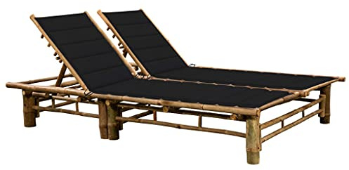 QUAHEAS Chaise longue en bambou pour 2 personnes avec coussins - 200 x 130 cm - Dossier réglable - Noir - Pour jardin, terrasse, piscine, bain de soleil relaxant