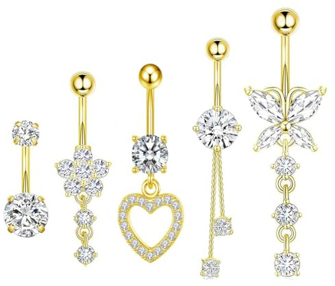 PHPHIXI 5 Stück Bauchnabelpiercing，Bauchnabelpiercing gold，Damenan Bauchnabel Piercing Set，Piercing Bauchnabel Schmuck