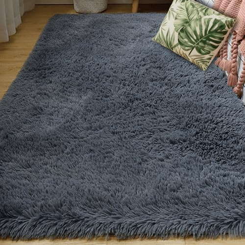 PSHCEE Teppich Kunstfell 100 x 250 cm mit rutschfest Unterseite Teppich Flauschig Weich Modern für Schlafzimmer Kinderzimmer Lounge, Dunkelgrau