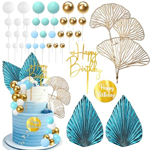 SYKYCTCY 25 Pack Blue White Gold Balls Cake Toppers Happy Birthday Cake Picks Natural Boho Palm Fan Cake Decorations for Baby Shower Kids Boys Girls Theme Wedding Anniversary Party Supplies
