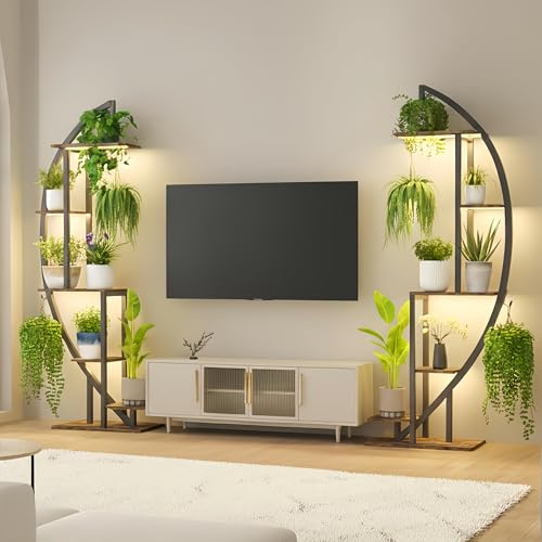 ZECIIYE Pflanzenständer mit Wachstumslicht für den Innenbereich und Outdoor,160cm 6 Ebenen Blumenständer indoor aus Holz und Metall,2 Raum Pflanzenregal mit Lichtern für Wohnzimmer Garten Balkon
