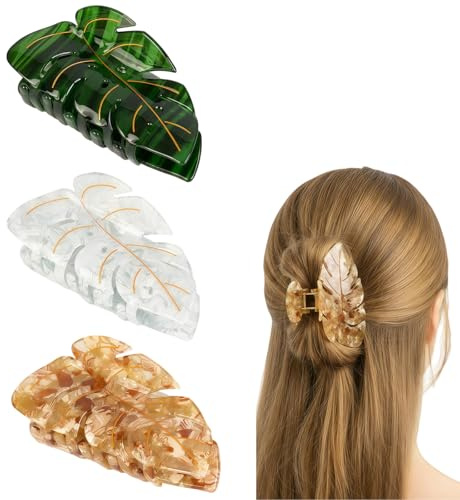 Aribliseza Haarklammer, 3 Stück Haarspangen für Damen, 3.5 Zoll Große Haarklammern in 3 Farben (Grün, Weiß, Braun), Starke Haltbarkeit, Blumen-Design, Geschenk für Mädchen und Frauen