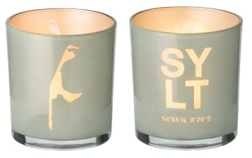 EDZARD Uppsättning av 2 värmeljusglas Sylt (H 8 cm, Ø 7 cm) i grått | Lyktljus med sylt-koordinater – dekorativ presentidé för sylt-älskare