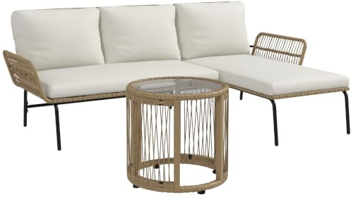 Outsunny Salon de Jardin Extérieur d'angle 3 Places Modulable Patio Crème | Résine Tressée, Canapés, Chaise Longue, Table Basse en Verre, Coussins, Mobilier de Jardin, Terrasse
