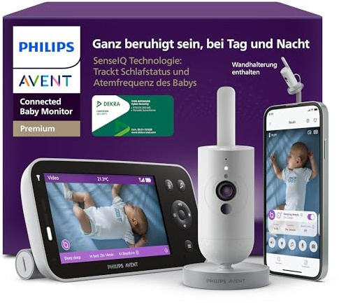 Philips Avent Premium Connected Baby Monitor med app - 1080p HD-kamera, sömn- och andningsspårning med AI, gråtöversättning, DEKRA-certifierad för högsta cybersäkerhet, väggfäste, SCD974/26