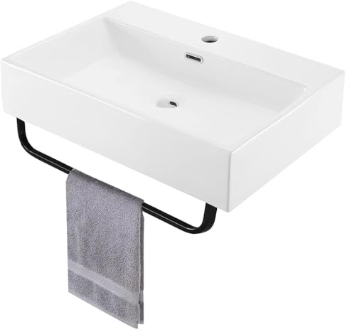 Lavandino moderno a parete in ceramica con portasciugamani e troppopieno, lavabo da appoggio per il bagno bianco, grande lavello rettangolare in porcellana per camper WC