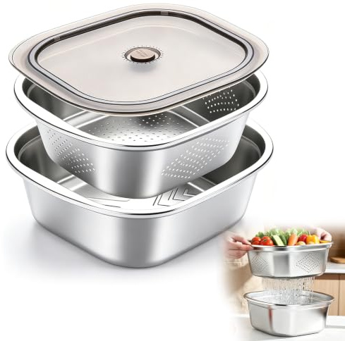 Passoire Inox Cuisine et Bol Mélangeur und Couvercle 28cm, Bol Passoire de Cuisine en Acier Inoxydable, 4600Ml Bassine Carrée, Passoire Métallique pour Fruits, Légumes et Pâtes