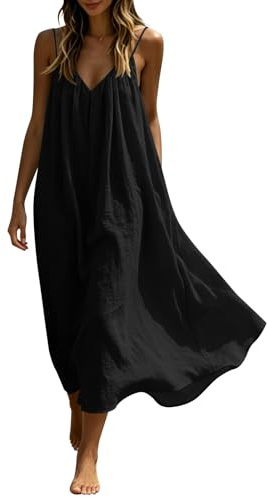 Maxi Dresses Womens Cotton Linen Casual Oversized Tunic Dress Sleeveless Spaghetti Strap Vest Dresses Solid Color A-line Sundress Baggy Beach Long Dress Summer Plain Sundress