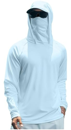 Men's UPF 50+ Sun Protection Hoodies with Built in Face Mask Lightweight Long Sleeve Hooded Shirts Quick Dry Fishing Shirt Watersport Rash Guards Blue