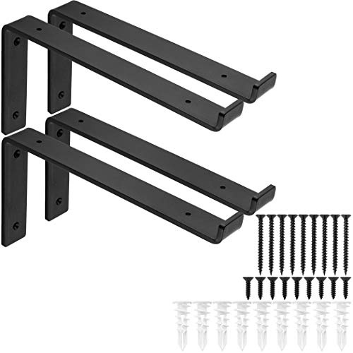 Heavy-Duty Shelf Brackets - Premium Construction Grade 1/4 (6mm) Thick Steel - Matte Black Iron Finish for Modern Farmhouse Rustic Open Shelving w/ Hardware, 4-Pack (L Bracket w/Lip, 11.25x6)