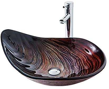 HomeLava Modern Glas Waschbecken Bad Becken Set Aufsatzwaschbecken mit Waschtischarmatur Chrom unregelmäßige Form