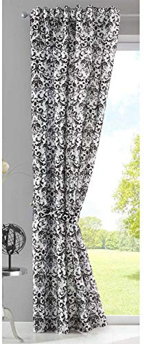 Gardinenbox Vorhang Widseide Optik Barock Blickdicht Flockfasern Deko Gemustert, Blickdicht mit verdecktem Schlaufenband HxB 245x140 cm Weiß Schwarz, 20200