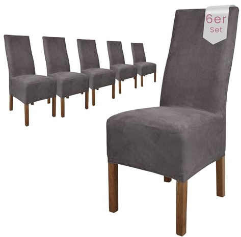 Scheffler Home Stuhlhussen Grau 6er Set Velours Stretch Leon | Elastische und waschbare Stuhlbezüge,Öko-Tex zertifiziert,für Esszimmerstühle, Hochlehner und Polsterstühle