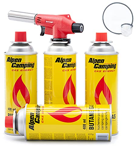 Bunsenbrenner Lötbrenner Vulcano Gasbrenner Gasanzünder Lötlampe mit Piezozündung für Gaskartuschen (Lötbrenner mit 4 Kartuschen)